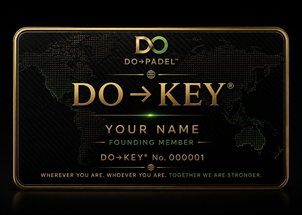 The DO&rarr;KEY&reg; Founder Member card — DO&rarr;PADEL™, on a world map ground: Wherever you are. Whoever you are. Together We Are Stronger.