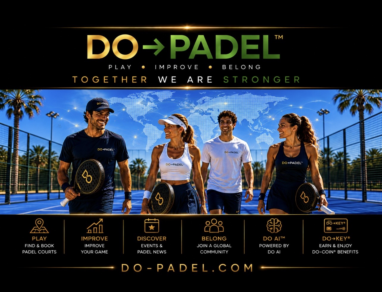 DO&rarr;PADEL&trade; &mdash; Play &bull; Improve &bull; Belong. Together We Are Stronger. Players on court beneath a worldwide map. PLAY &mdash; find & book padel courts. IMPROVE &mdash; improve your game. DISCOVER &mdash; events & padel news. BELONG &mdash; join a global community. DO AI&trade; &mdash; powered by DO AI. DO&rarr;KEY&reg; &mdash; earn & enjoy DO-COIN&reg; benefits. do-padel.com