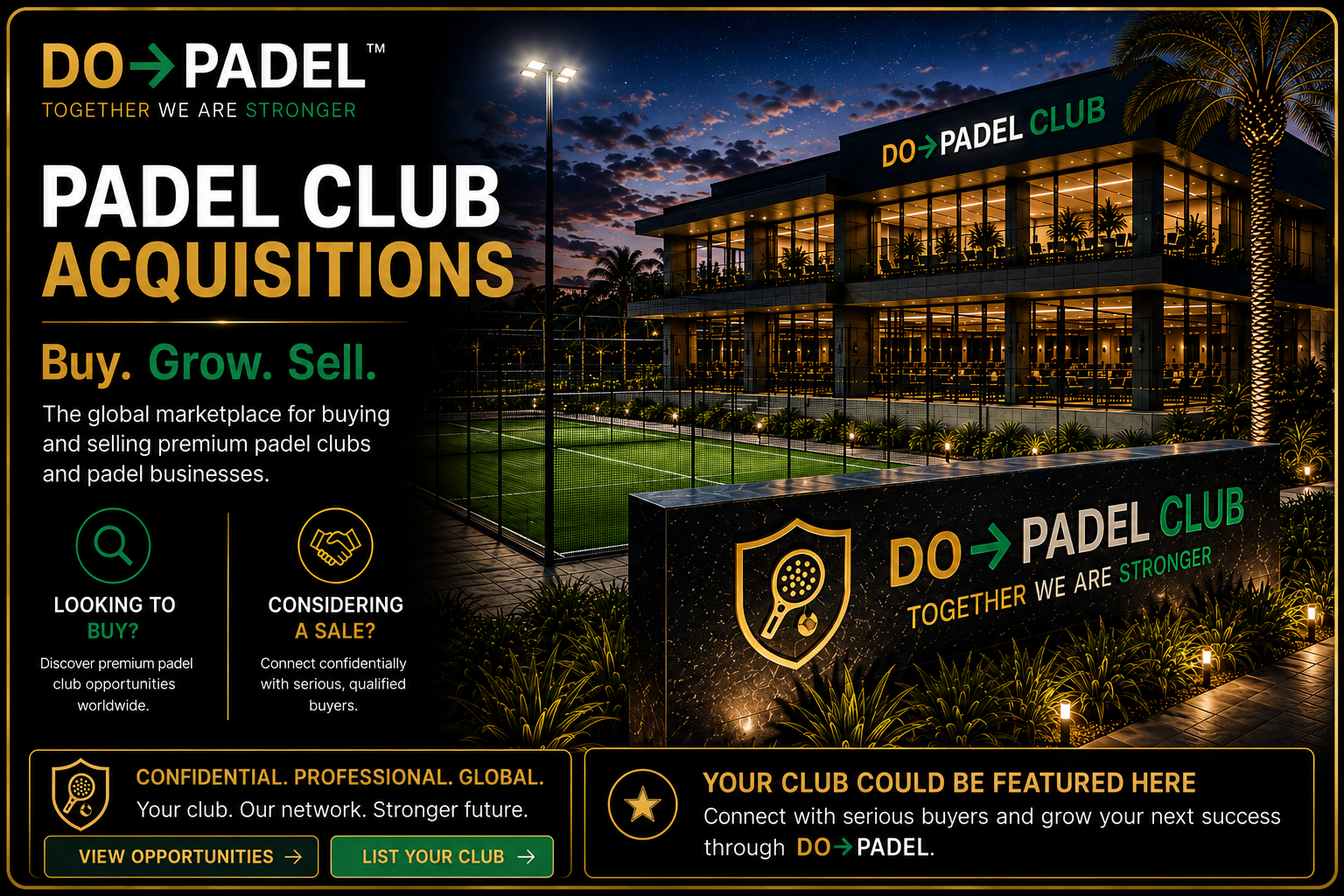 DO&rarr;PADEL&trade; Padel Club Acquisitions &mdash; Buy. Grow. Sell. The global marketplace for buying and selling premium padel clubs and padel businesses.
