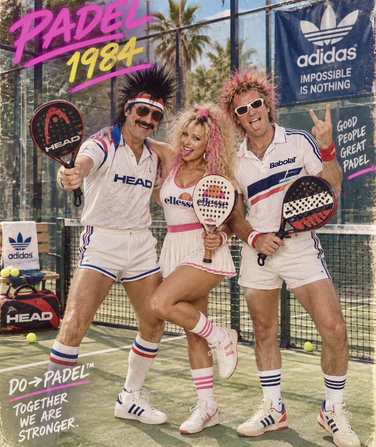 Three players in 1980s padel kit — big hair, headbands, sunglasses and vintage rackets — laughing together on court under the words PADEL 1984.