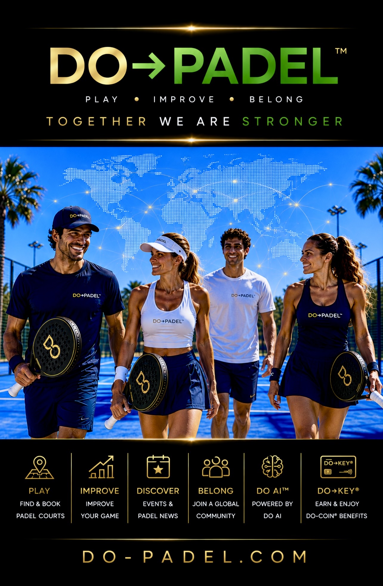 DO&rarr;PADEL&trade; &mdash; Play &bull; Improve &bull; Belong. Together We Are Stronger. Players on court beneath a worldwide map. PLAY &mdash; find & book padel courts. IMPROVE &mdash; improve your game. DISCOVER &mdash; events & padel news. BELONG &mdash; join a global community. DO AI&trade; &mdash; powered by DO AI. DO&rarr;KEY&reg; &mdash; earn & enjoy DO-COIN&reg; benefits. do-padel.com